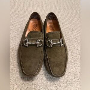 Salvatore Ferragamo Green Suede Loafers Preppy with Silver Horsebit Accents